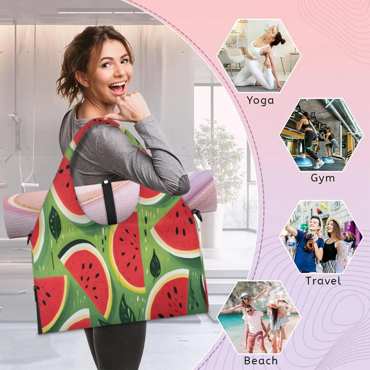 Green Watermelon Slices Waterproof Gym Bag for Men Women, Sports Duffel Bag with Shoe Compartment Yoga Mat Holder, Portable Large Travel Bag for Fitness, Camping, Weekend Trips