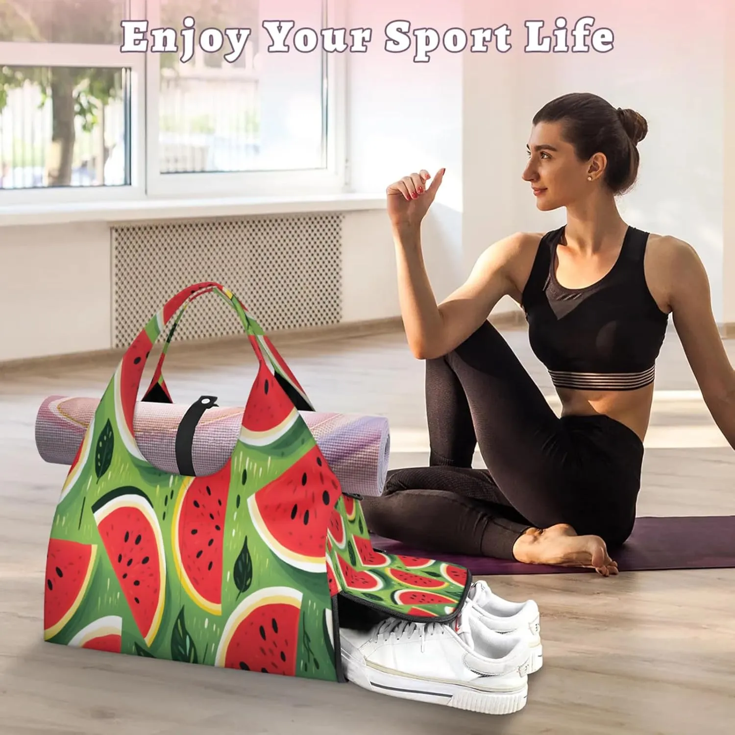 Green Watermelon Slices Waterproof Gym Bag for Men Women, Sports Duffel Bag with Shoe Compartment Yoga Mat Holder, Portable Large Travel Bag for Fitness, Camping, Weekend Trips