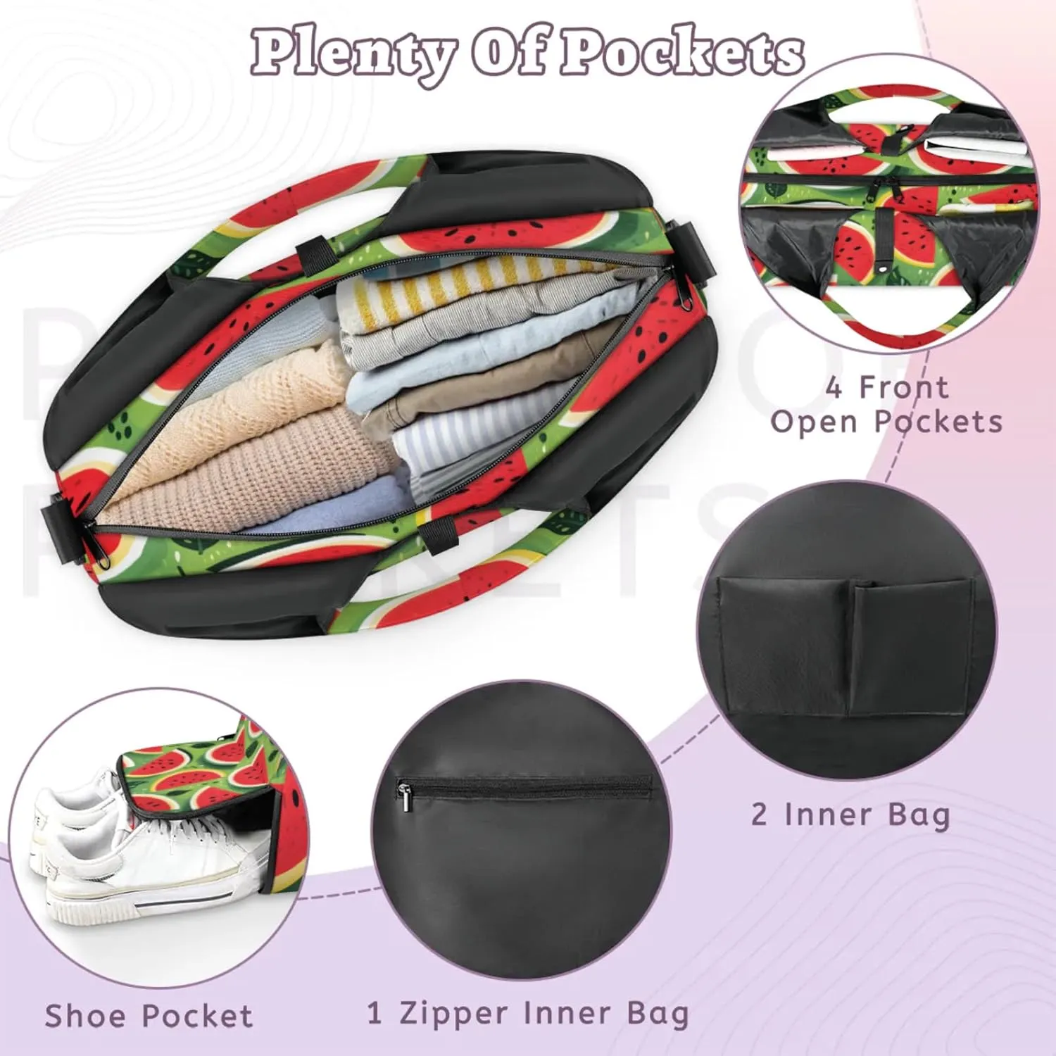 Green Watermelon Slices Waterproof Gym Bag for Men Women, Sports Duffel Bag with Shoe Compartment Yoga Mat Holder, Portable Large Travel Bag for Fitness, Camping, Weekend Trips