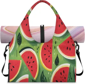 Green Watermelon Slices Waterproof Gym Bag for Men Women, Sports Duffel Bag with Shoe Compartment Yoga Mat Holder, Portable Large Travel Bag for Fitness, Camping, Weekend Trips
