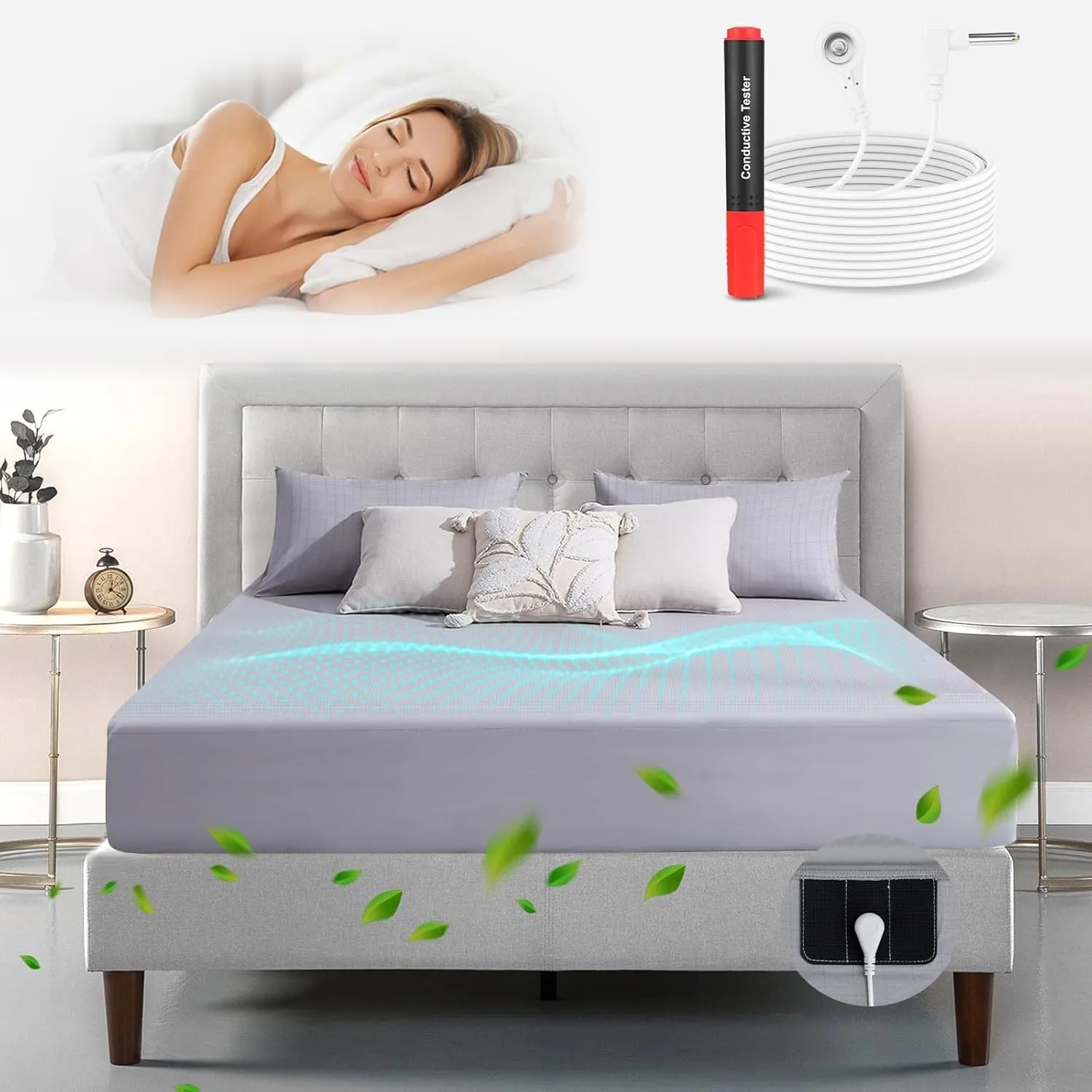 Grounding Sheets 12% Pure Silver Fiber 88% Organic Cotton Superior Earthing Fitted Sheet Earth Connected Bed Sheet with Test Pen and Long Grounding Cord (Queen 60"x 80"x 15" Elegant Gray)