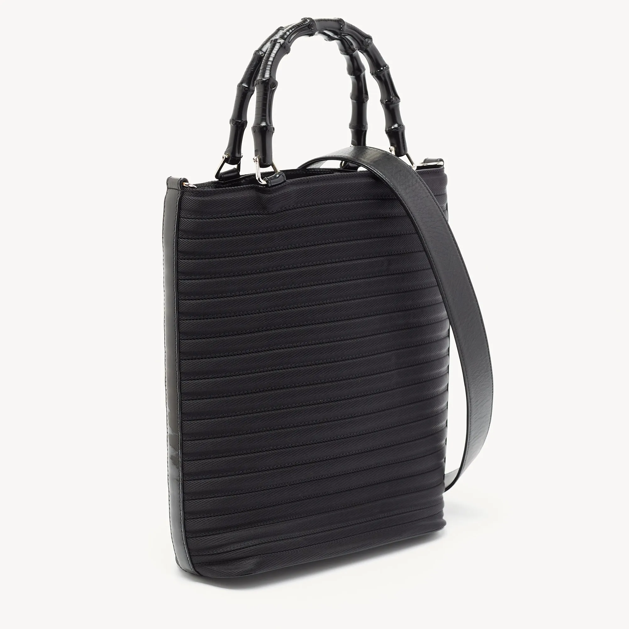 Gucci Black Nylon and Patent Leather Bamboo Tote