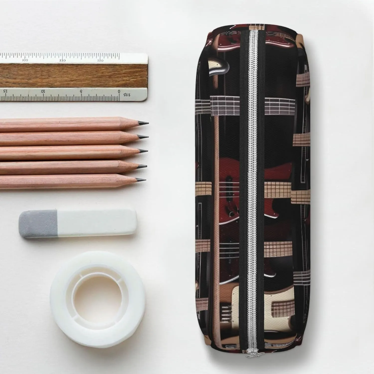 Guitar Bass Music Musical Instruments Makeup Bag Travel Toiletry Bag Big Pencil Bag for Women Men Leather Zipper Coin Pouch Purse