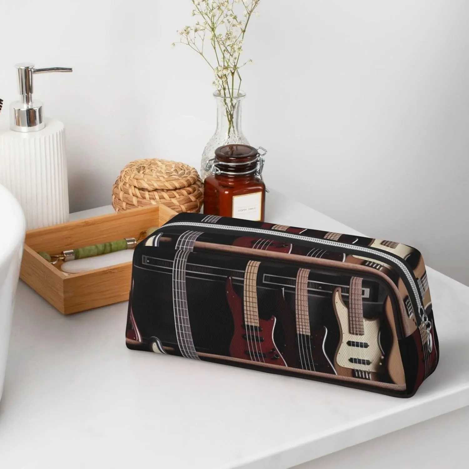 Guitar Bass Music Musical Instruments Makeup Bag Travel Toiletry Bag Big Pencil Bag for Women Men Leather Zipper Coin Pouch Purse
