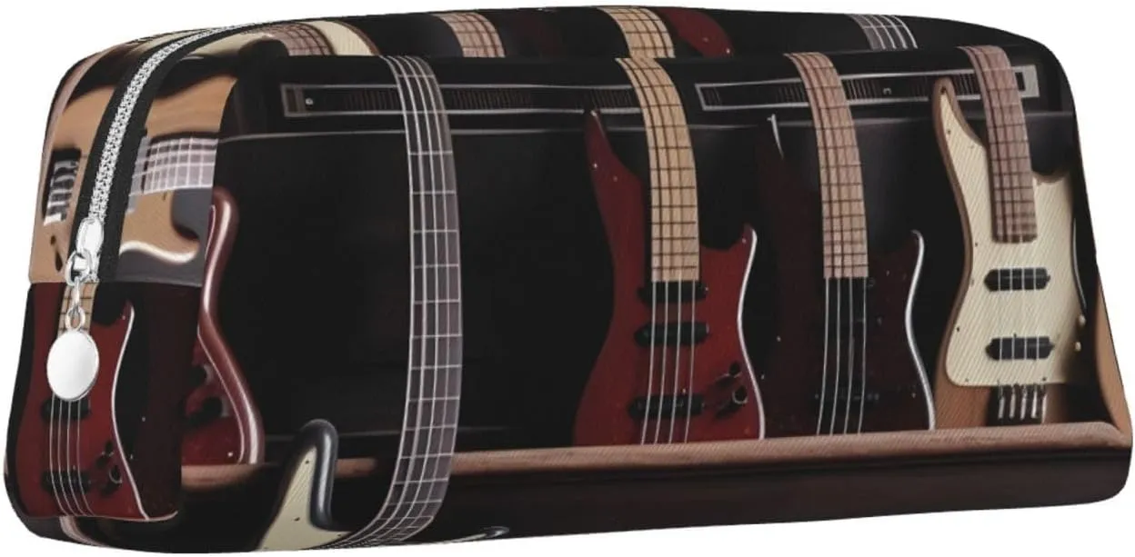Guitar Bass Music Musical Instruments Makeup Bag Travel Toiletry Bag Big Pencil Bag for Women Men Leather Zipper Coin Pouch Purse