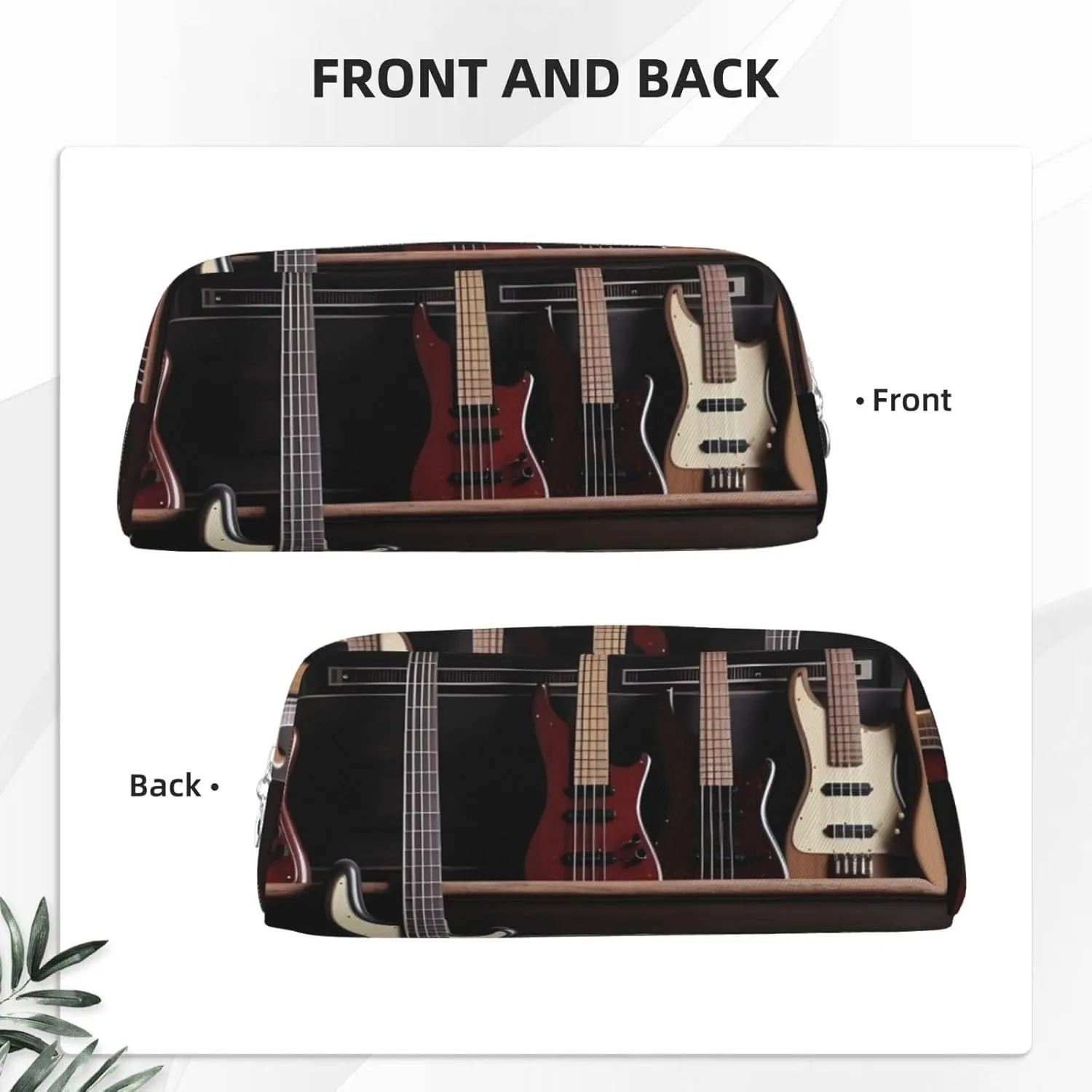 Guitar Bass Music Musical Instruments Makeup Bag Travel Toiletry Bag Big Pencil Bag for Women Men Leather Zipper Coin Pouch Purse