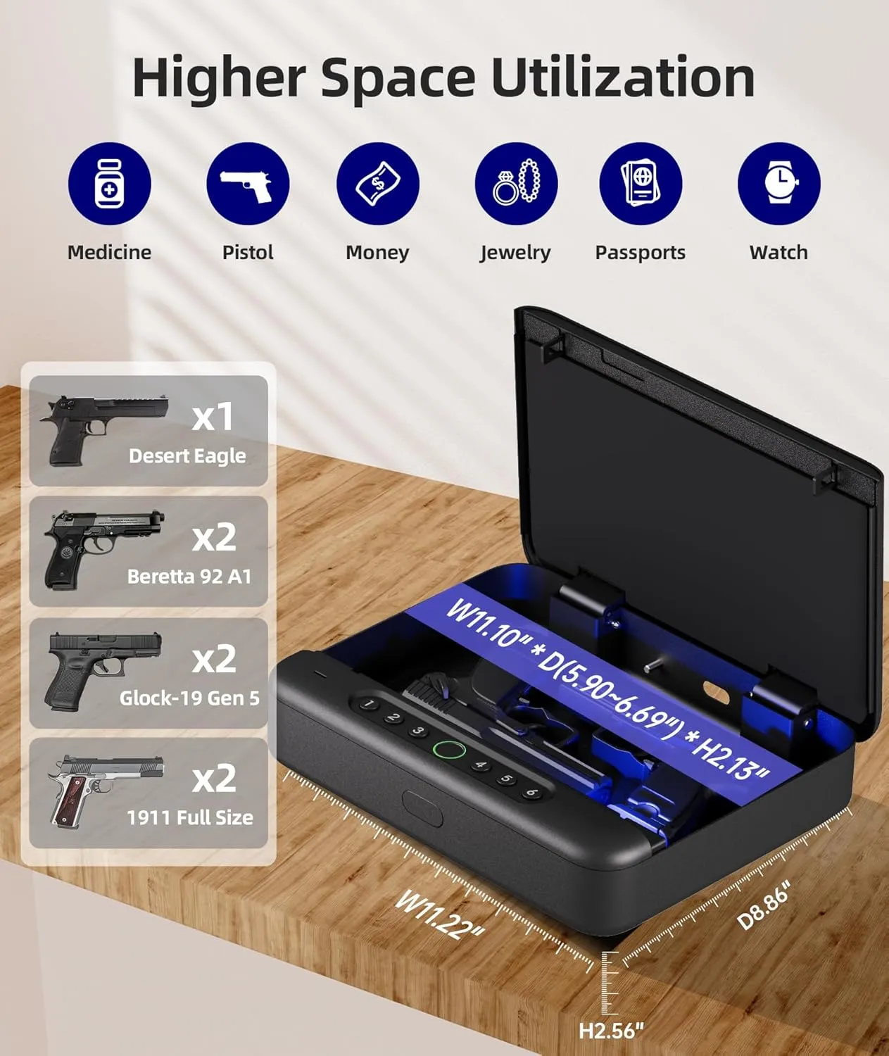 Gun Safe, Biometric Gun Safes For Handgun, Pistol Safe With Fingerprint or Keypad, 4-Quick Access Unlock Gun Case for Firearm, Gun Lock Box For Nightstand Beside with APP Normal Size
