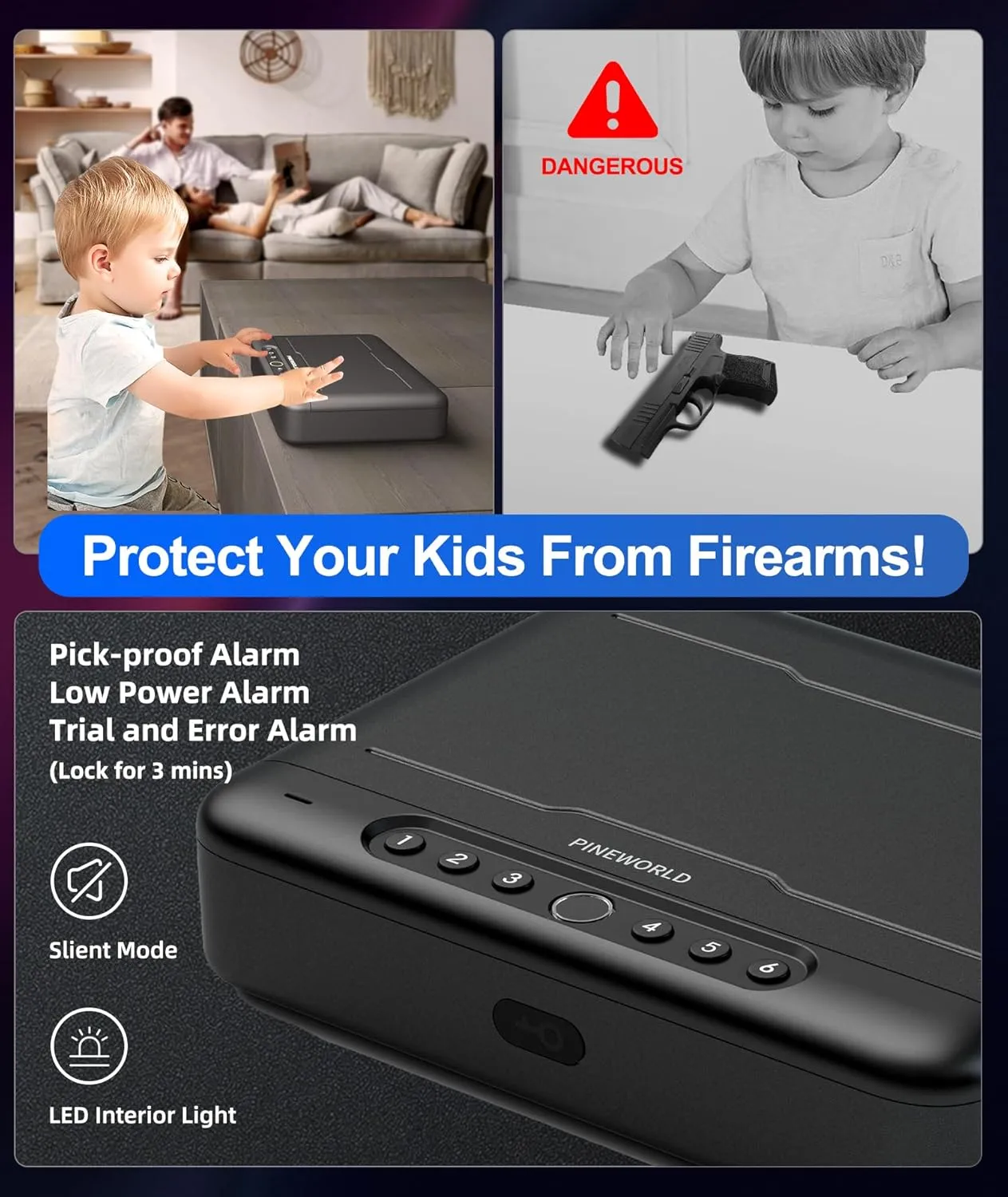 Gun Safe, Biometric Gun Safes For Handgun, Pistol Safe With Fingerprint or Keypad, 4-Quick Access Unlock Gun Case for Firearm, Gun Lock Box For Nightstand Beside with APP Normal Size