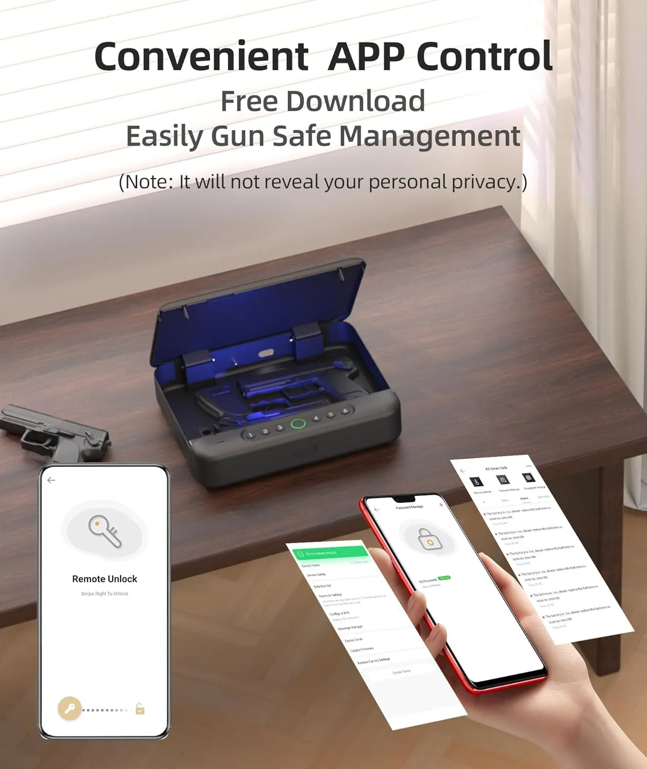 Gun Safe, Biometric Gun Safes For Handgun, Pistol Safe With Fingerprint or Keypad, 4-Quick Access Unlock Gun Case for Firearm, Gun Lock Box For Nightstand Beside with APP Normal Size