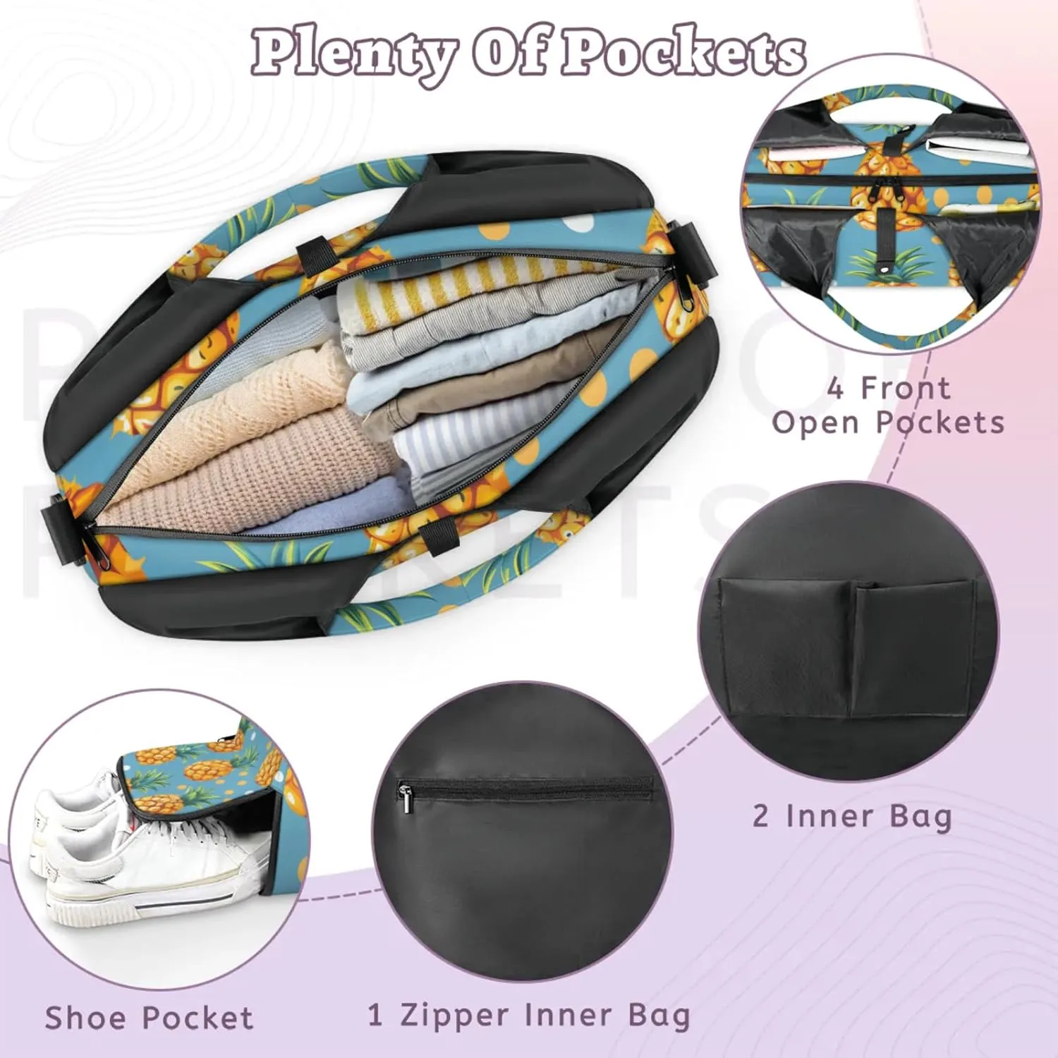 Gym Bag for Women Pineapple Dots Duffel Bag with Shoe Compartment and Yoga Mat Holder Portable Weekender Bags Travel Tote Bags