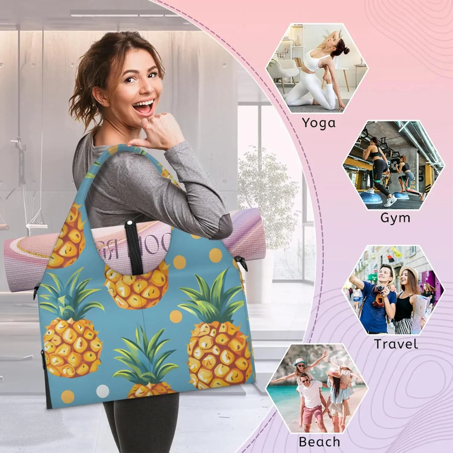 Gym Bag for Women Pineapple Dots Duffel Bag with Shoe Compartment and Yoga Mat Holder Portable Weekender Bags Travel Tote Bags