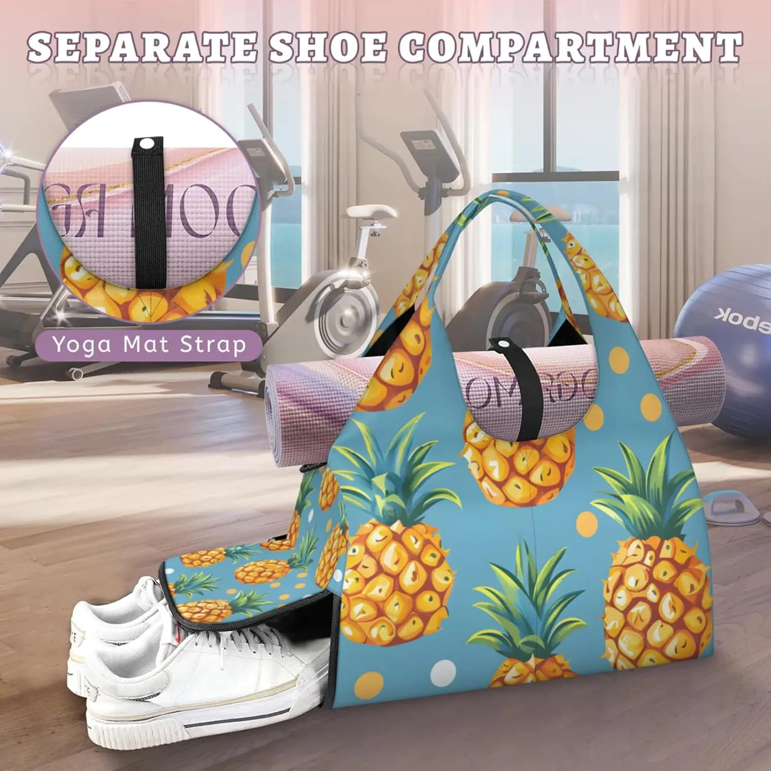 Gym Bag for Women Pineapple Dots Duffel Bag with Shoe Compartment and Yoga Mat Holder Portable Weekender Bags Travel Tote Bags