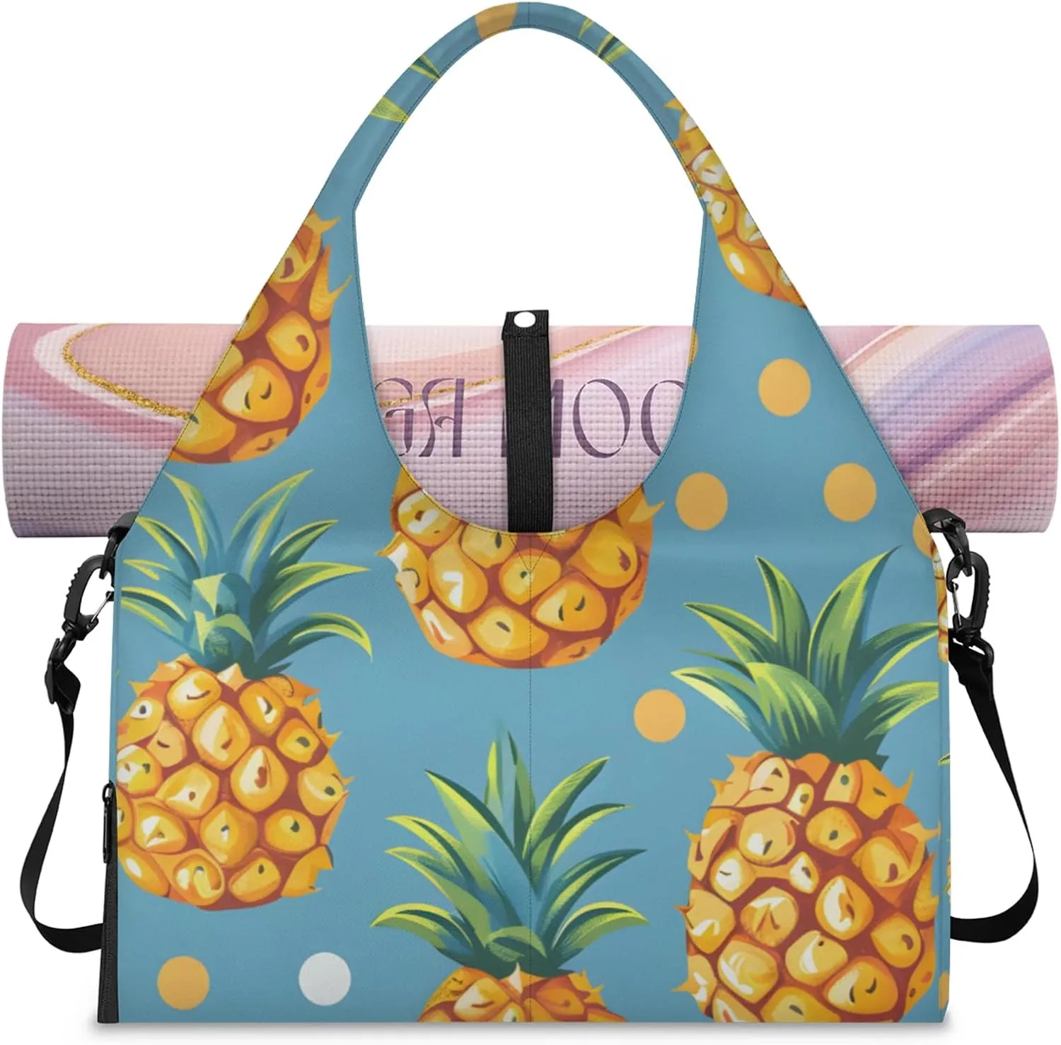 Gym Bag for Women Pineapple Dots Duffel Bag with Shoe Compartment and Yoga Mat Holder Portable Weekender Bags Travel Tote Bags