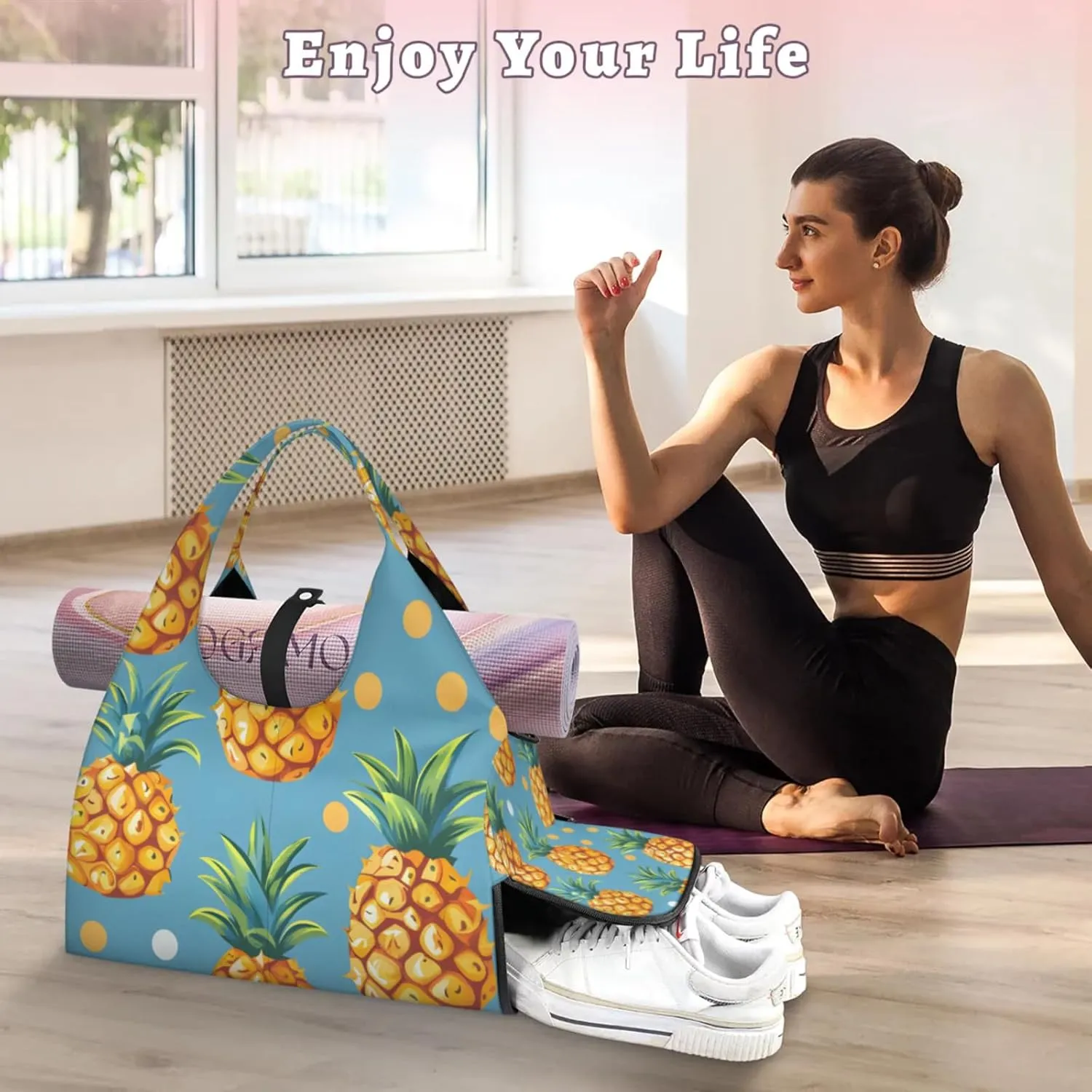 Gym Bag for Women Pineapple Dots Duffel Bag with Shoe Compartment and Yoga Mat Holder Portable Weekender Bags Travel Tote Bags