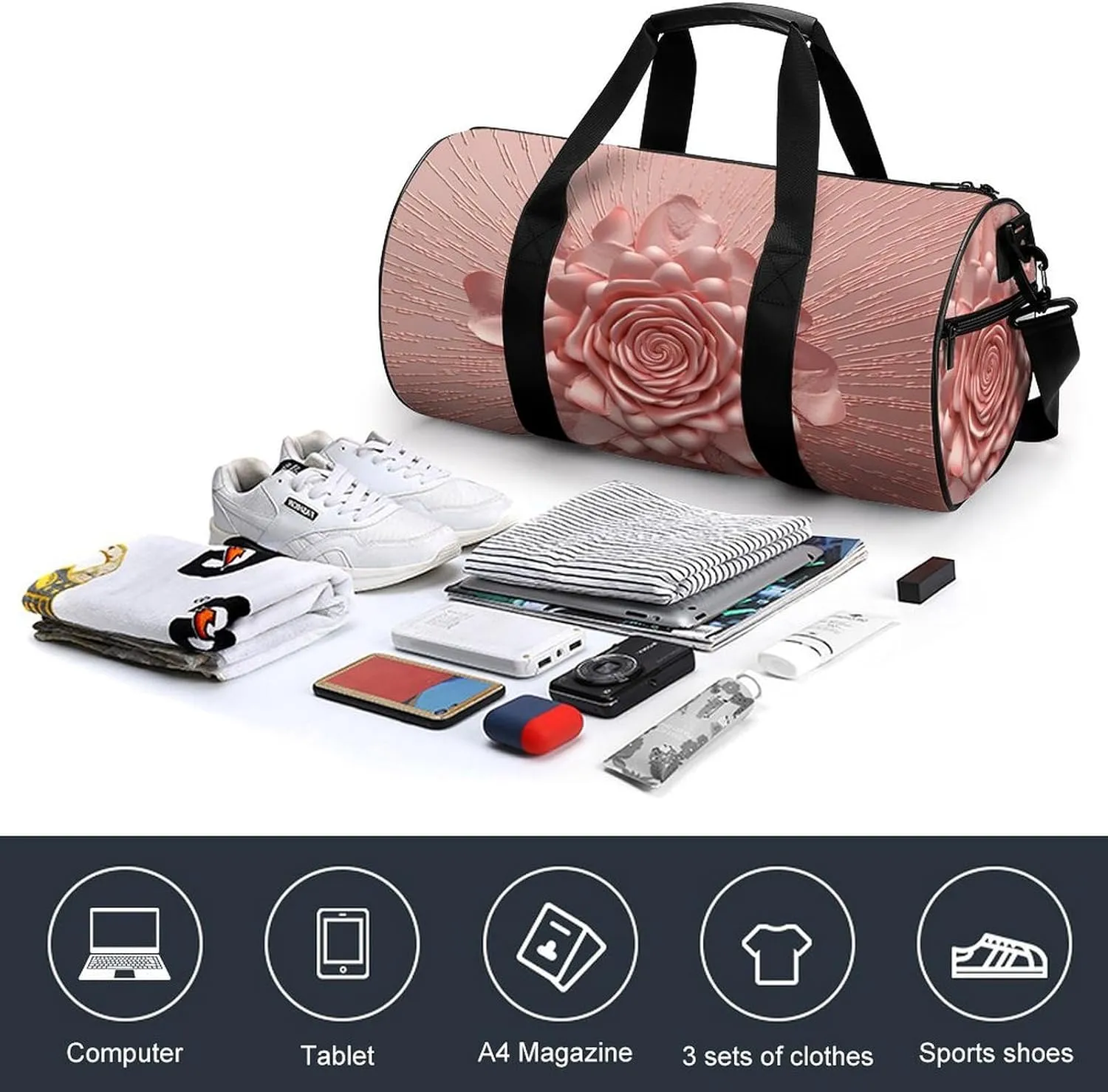 Gym Bag Rose Duffel Bag for Men Women Overnight Bag with Shoe Compartment Workout Bags