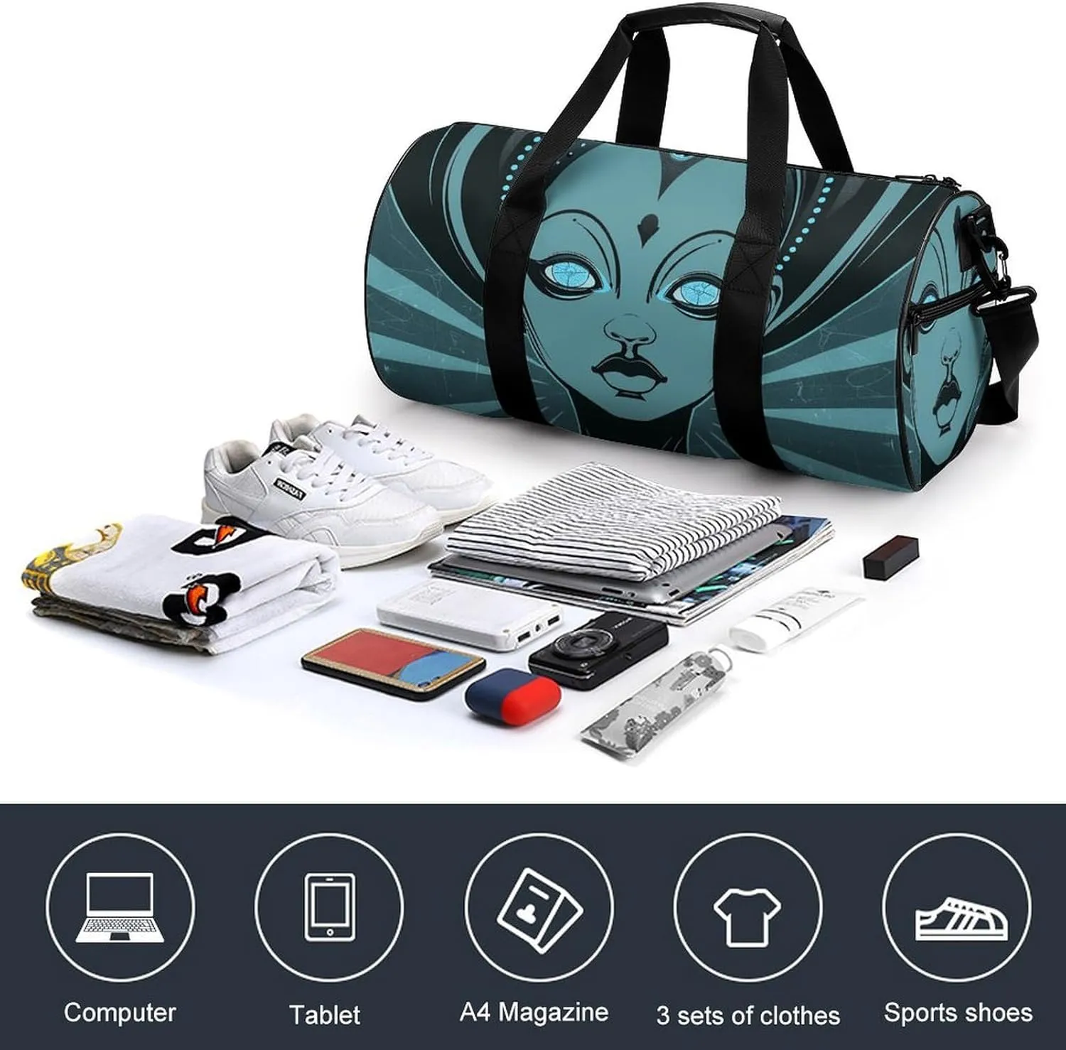 Gym Bags for Men Women Cartoon Drawing of Woman Duffle Bag Travel Overnight Bag with Shoe Compartment Tote Bags
