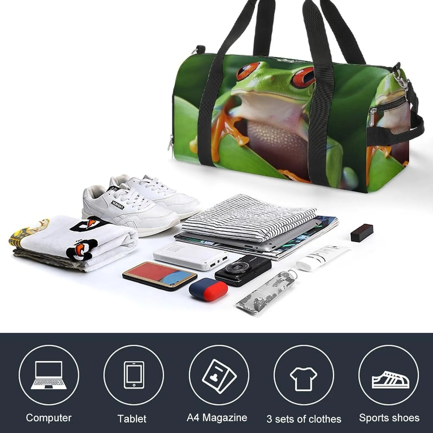 Gym Bags for Men Women Cute Frog Duffle Bag Travel Overnight Bag with Shoe Compartment Tote Bags