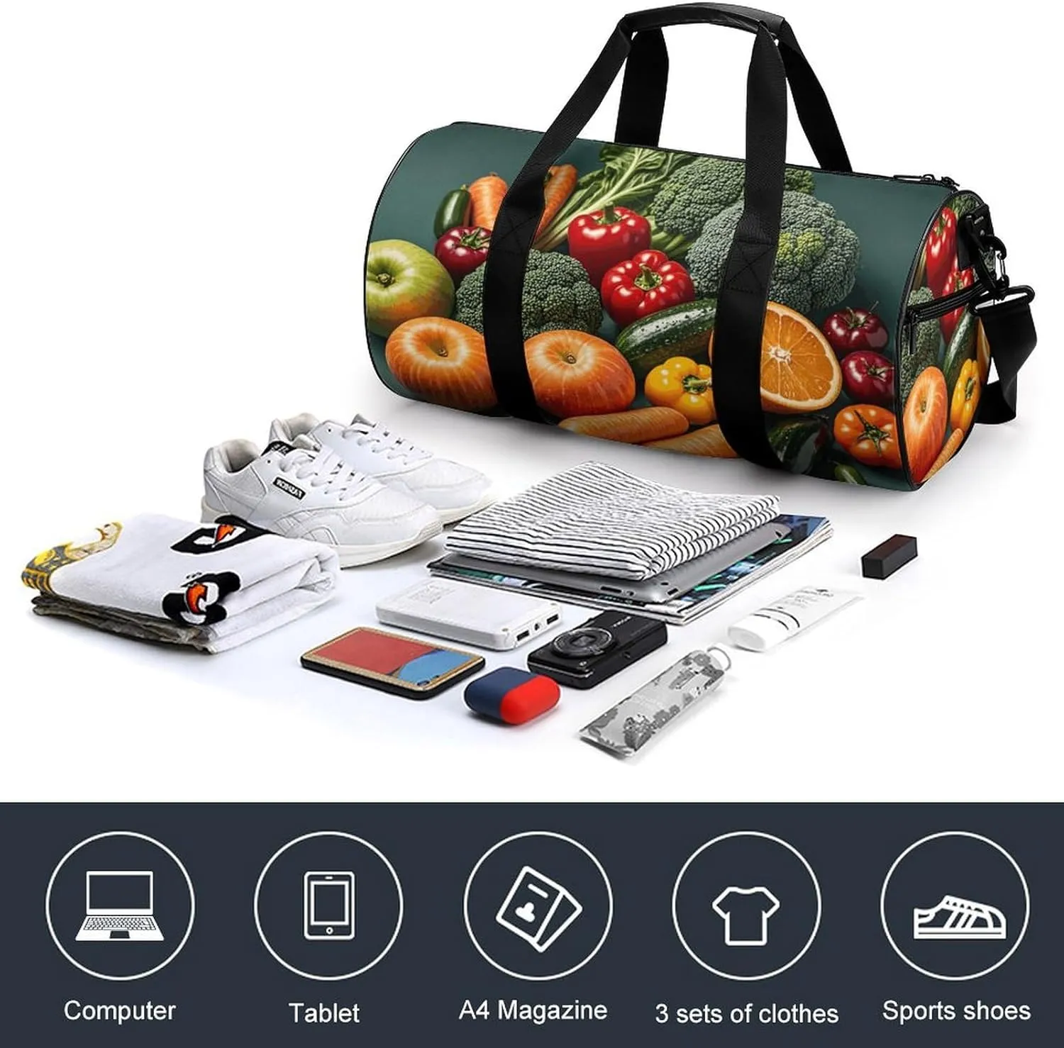Gym Bags Small Vegetable Fruit Duffel Bag Overnight Bag with Shoe Compartment Carryon Bag for Men Women