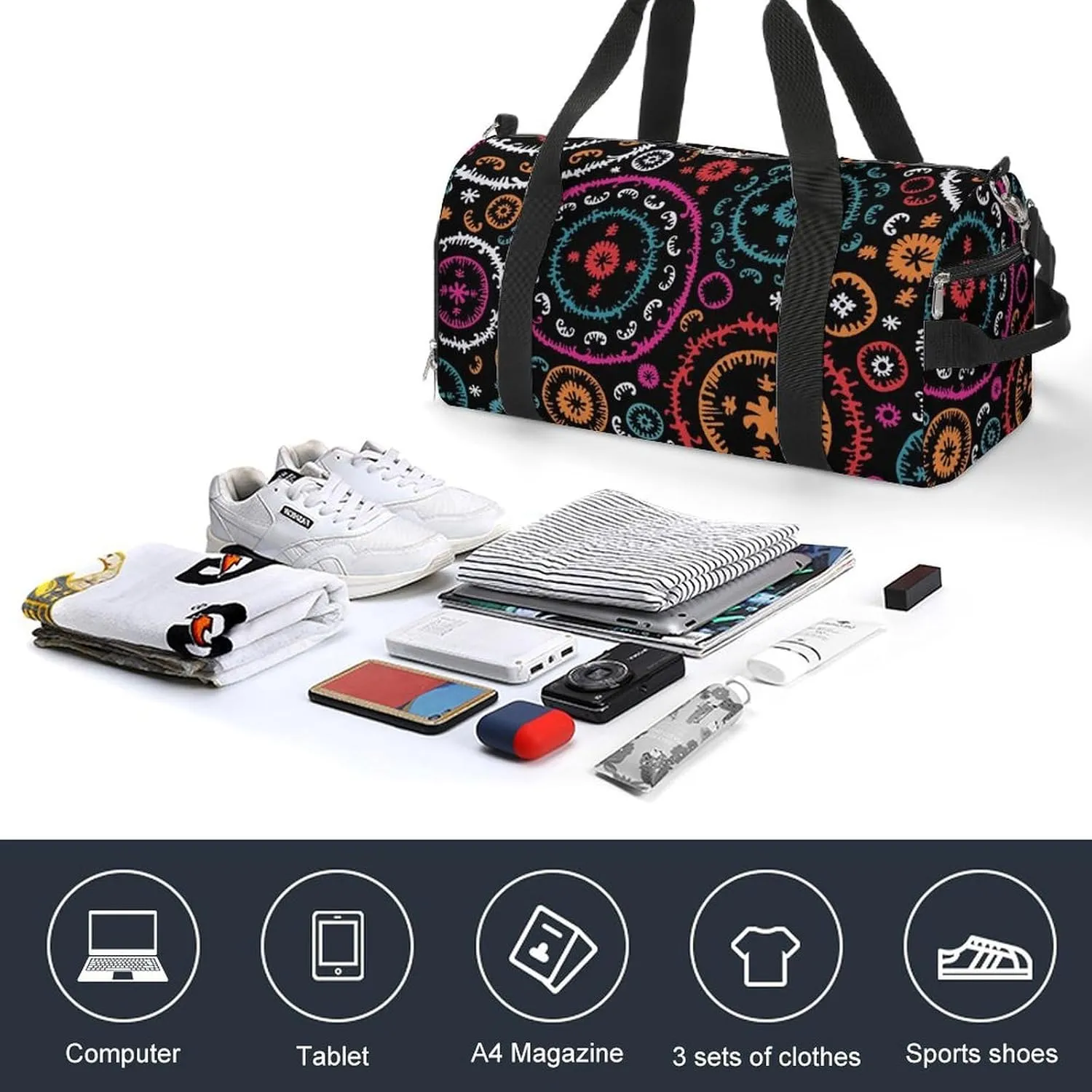 Gym Duffel Bag with Shoe Compartment Wet Pocket, Oriental Pattern Travel Bag for Men Women
