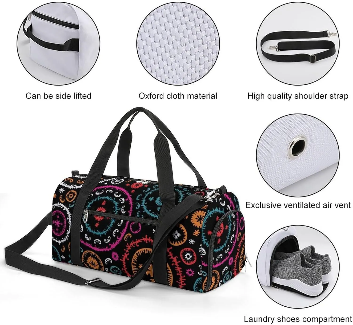 Gym Duffel Bag with Shoe Compartment Wet Pocket, Oriental Pattern Travel Bag for Men Women