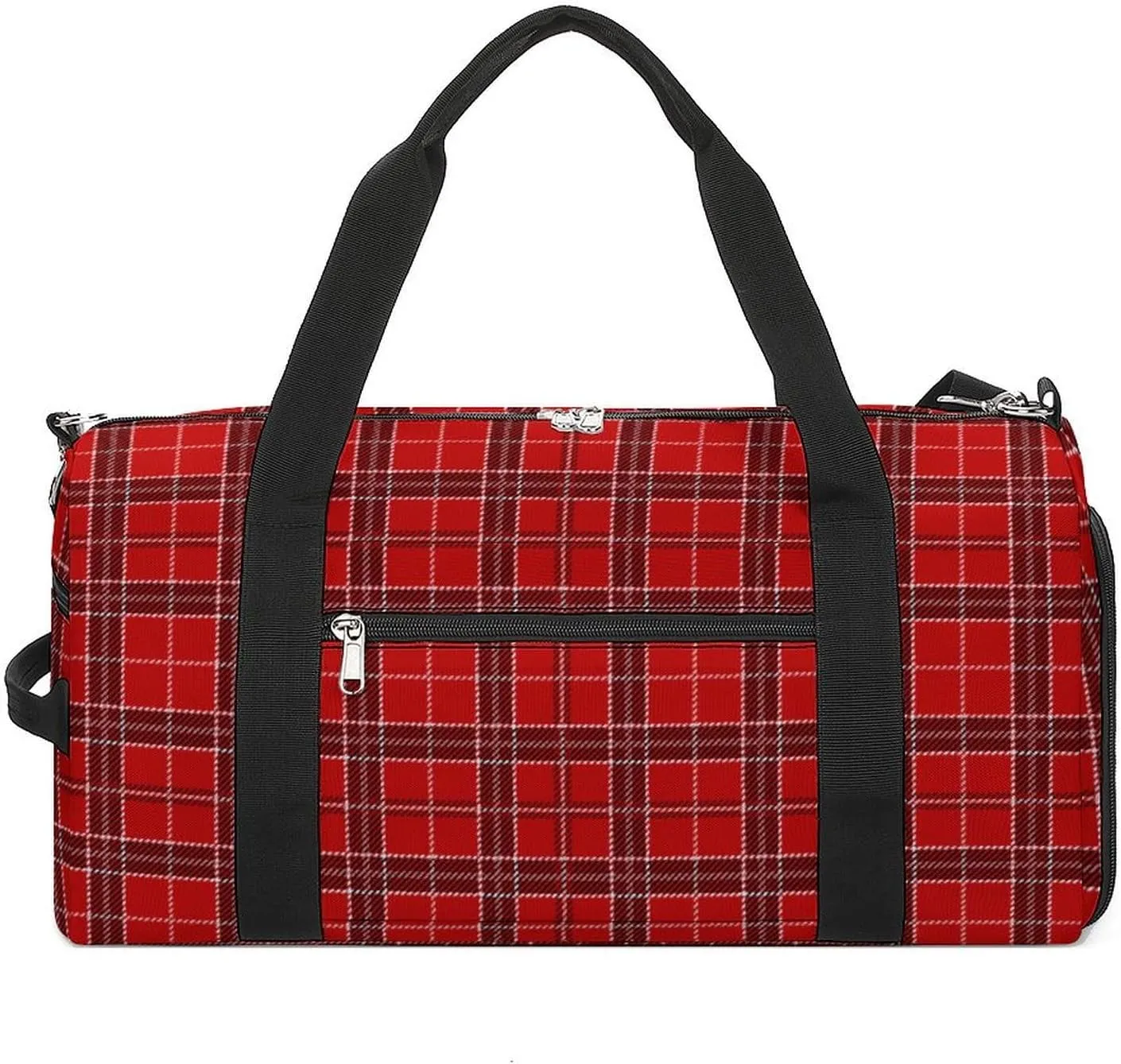 Gym Duffel Bag with Shoe Compartment Wet Pocket, Red Tartan Print Travel Bag for Men Women