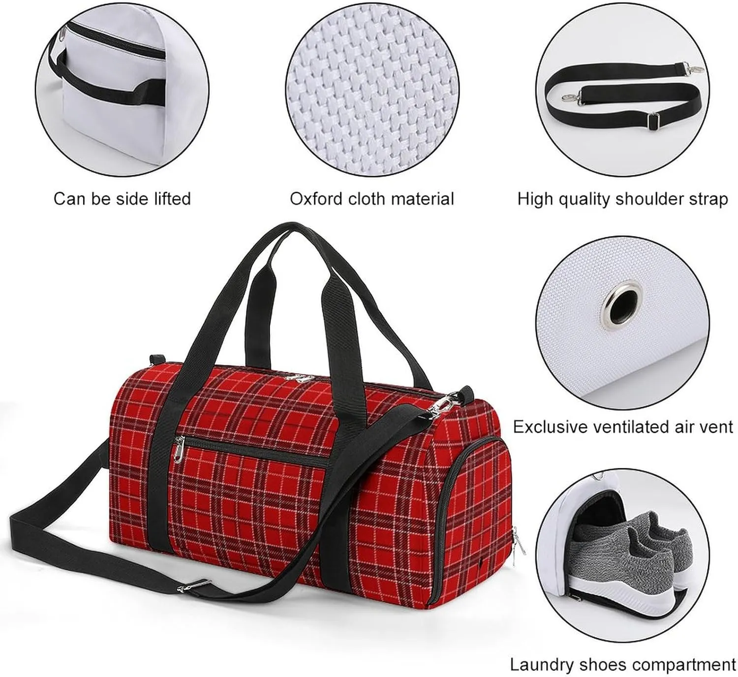 Gym Duffel Bag with Shoe Compartment Wet Pocket, Red Tartan Print Travel Bag for Men Women