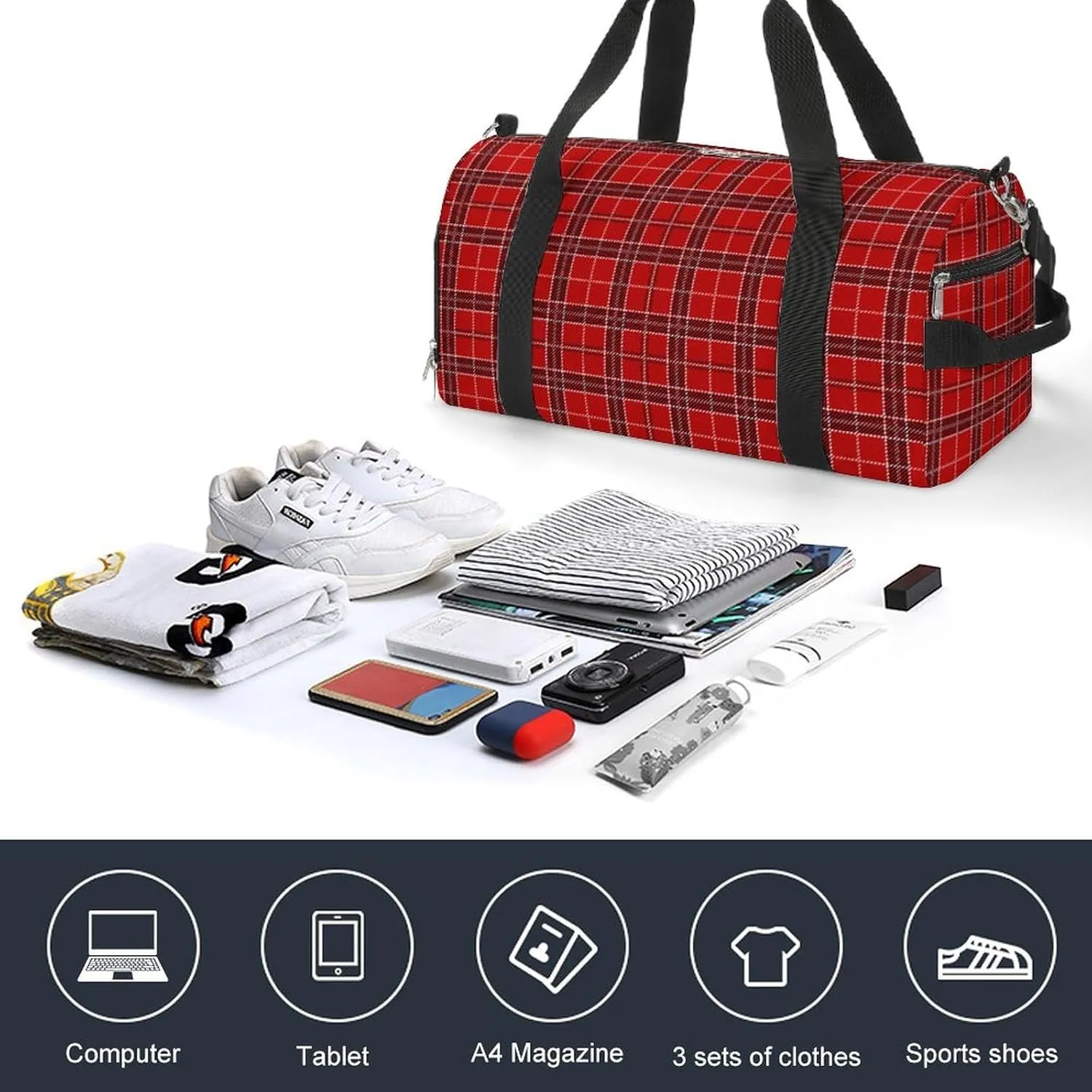 Gym Duffel Bag with Shoe Compartment Wet Pocket, Red Tartan Print Travel Bag for Men Women