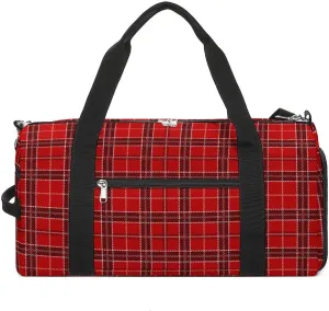 Gym Duffel Bag with Shoe Compartment Wet Pocket, Red Tartan Print Travel Bag for Men Women