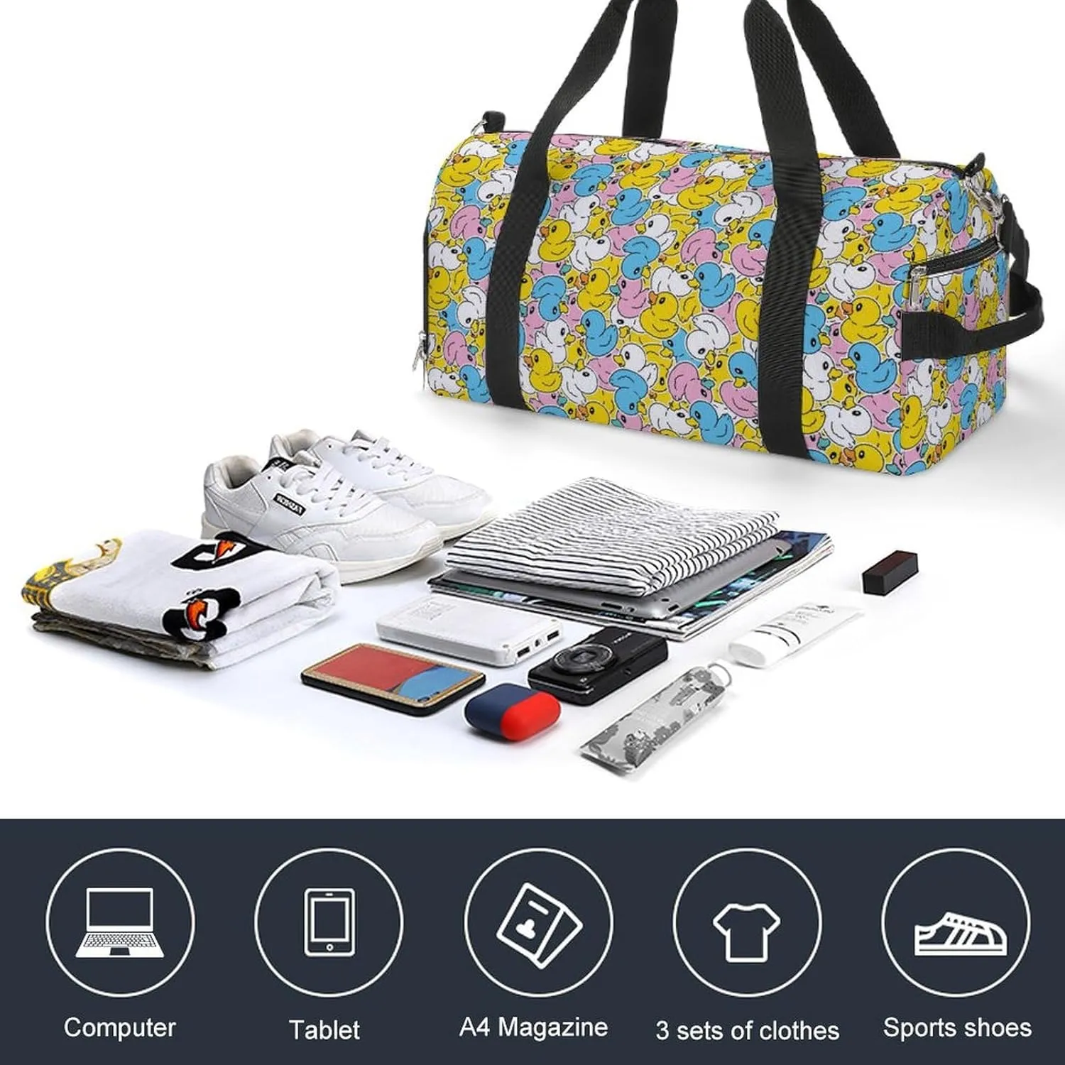 Gym Duffel Bag with Shoe Compartment Wet Pocket, Yellow Duck Pattern Travel Bag for Men Women