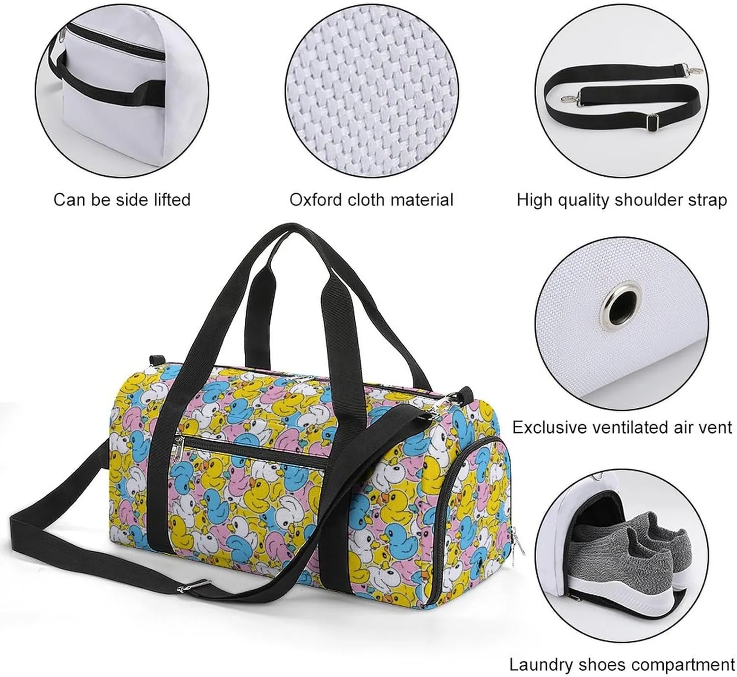 Gym Duffel Bag with Shoe Compartment Wet Pocket, Yellow Duck Pattern Travel Bag for Men Women