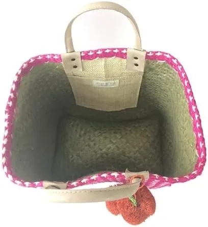 Hadley Tote Handwoven Raffia Bag with Leather Handles & Pom Pom Fruit Charm, Full Size or Mini in Multiple Colors