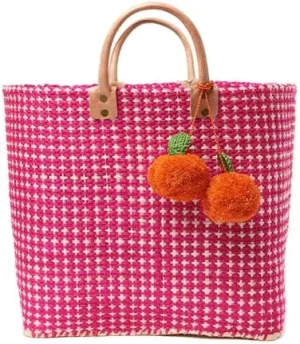 Hadley Tote Handwoven Raffia Bag with Leather Handles & Pom Pom Fruit Charm, Full Size or Mini in Multiple Colors