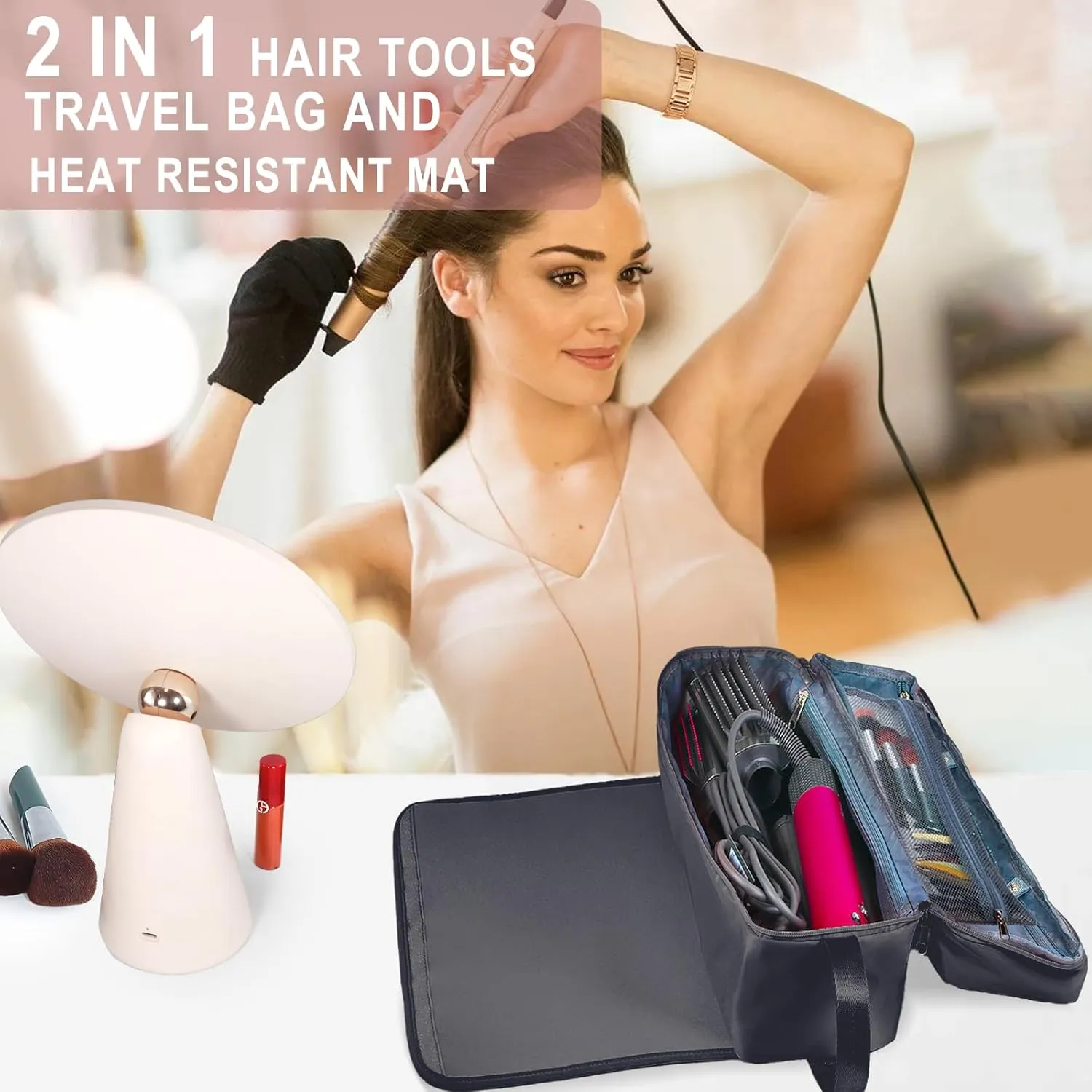 Hair Tools Travel Bag with Heat Resistant Mat Hair Styling Accessories Storage Case for Hair Dryer Flat Iron Straightener Curling Iron Haircare Accessories Travel Essentials for Women