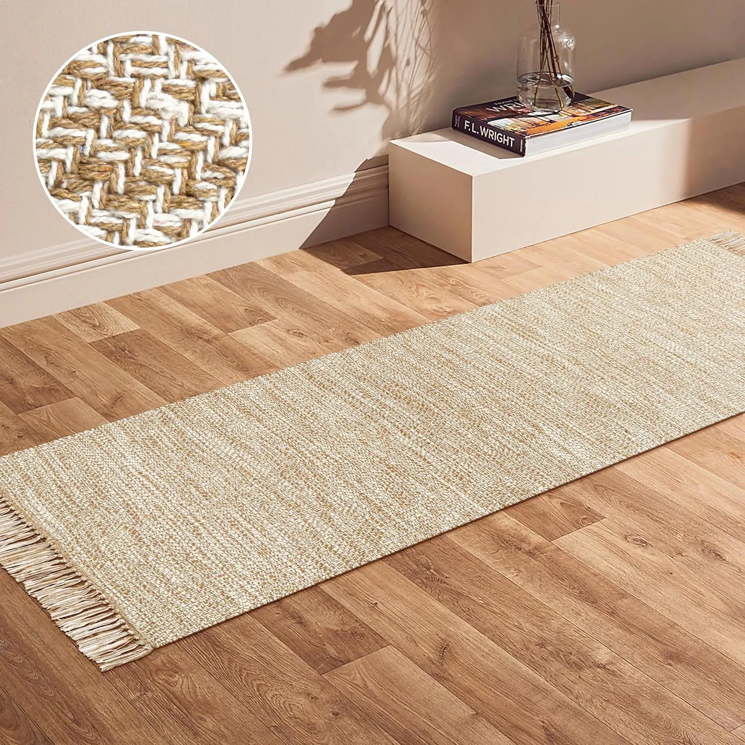 Hallway Runner Rug, Indoor 2x5 Cotton Woven Area Rug, Long Floor Runners for Kitchen, Bathroom, Entryway, Washable Runner Rug, Boho Design, Baige