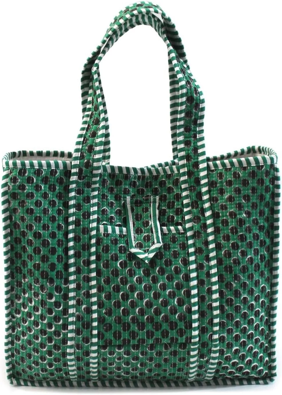Hand Block Printed Cotton Quilted Tote Bag For Women - Polka Dot Pattern Tote Handbag - Green Multi Color, Medium, 15x13x4 inches