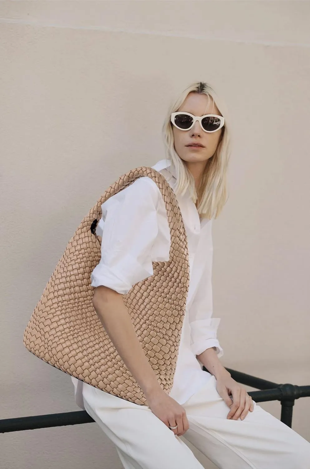 Hand Woven Tote for Women - Vegan Leather Handle Handbag, Travel Shoulder Bag, Hobo and Beach Bag With Purse