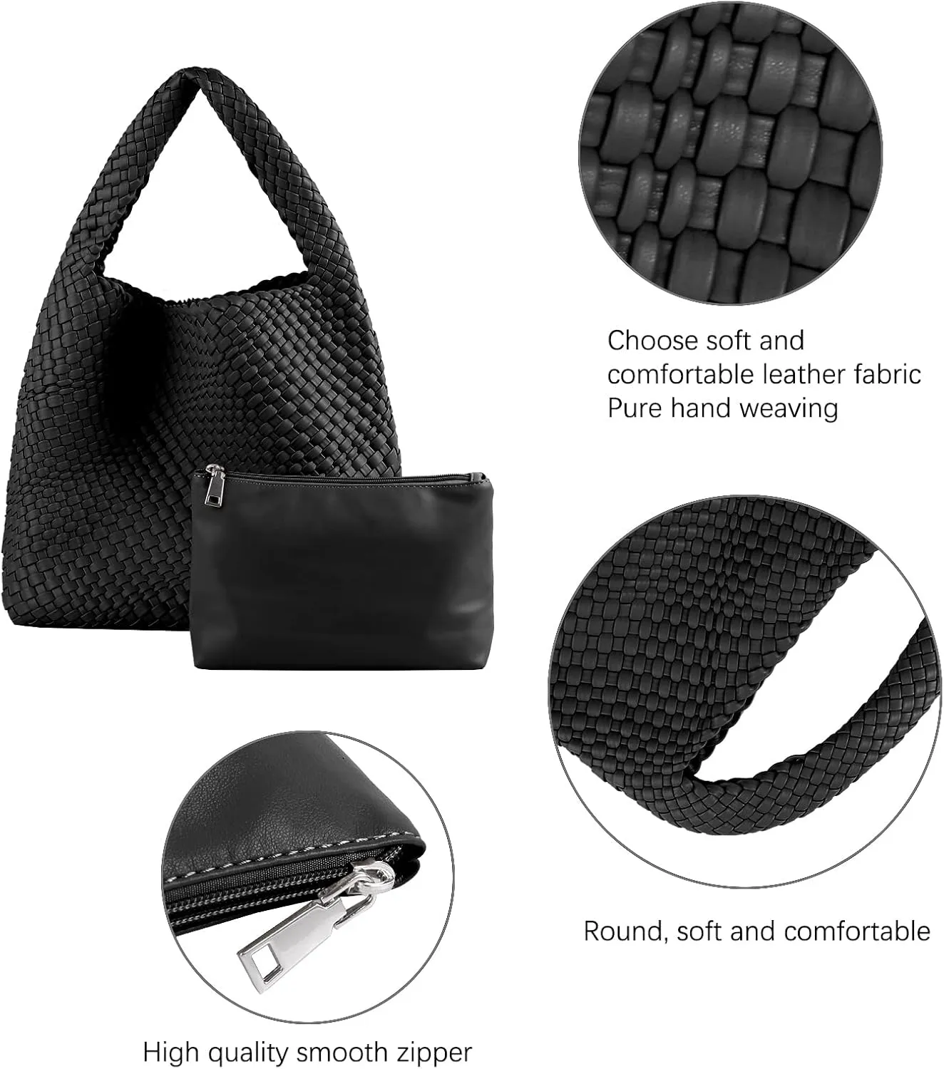 Hand Woven Tote for Women - Vegan Leather Handle Handbag, Travel Shoulder Bag, Hobo and Beach Bag With Purse