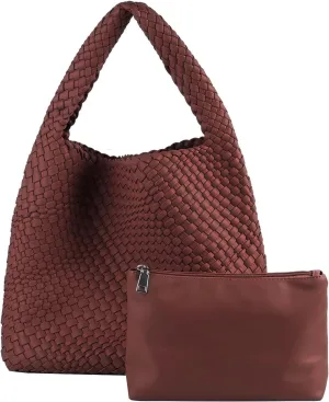 Hand Woven Tote for Women - Vegan Leather Handle Handbag, Travel Shoulder Bag, Hobo and Beach Bag With Purse