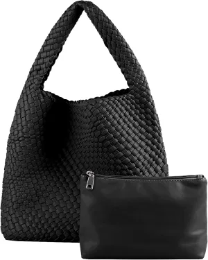 Hand Woven Tote for Women - Vegan Leather Handle Handbag, Travel Shoulder Bag, Hobo and Beach Bag With Purse