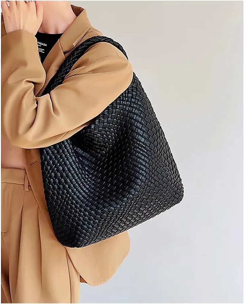 Hand Woven Tote for Women - Vegan Leather Handle Handbag, Travel Shoulder Bag, Hobo and Beach Bag With Purse