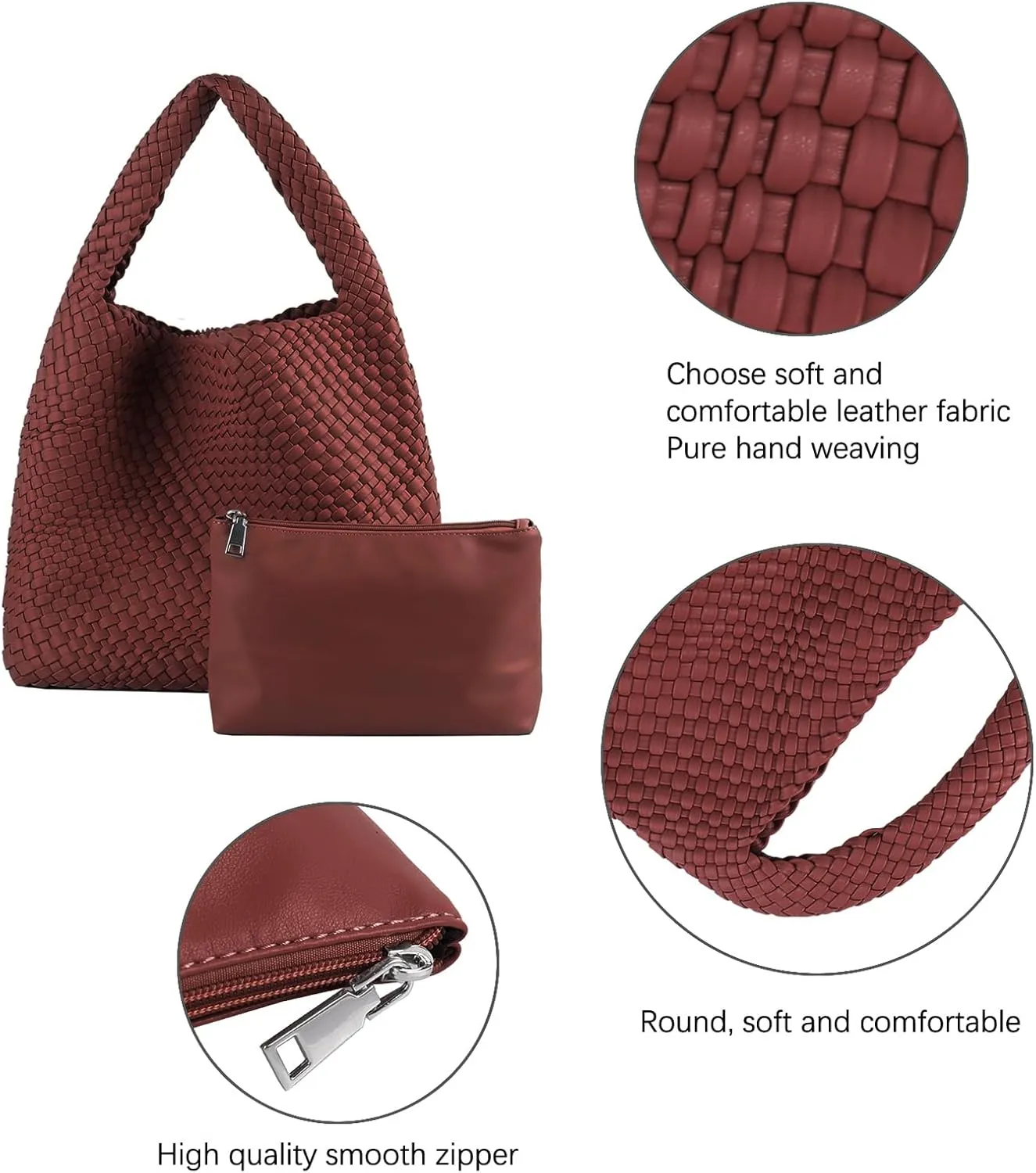 Hand Woven Tote for Women - Vegan Leather Handle Handbag, Travel Shoulder Bag, Hobo and Beach Bag With Purse