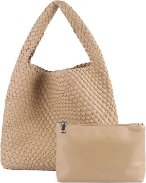 Hand Woven Tote for Women - Vegan Leather Handle Handbag, Travel Shoulder Bag, Hobo and Beach Bag With Purse