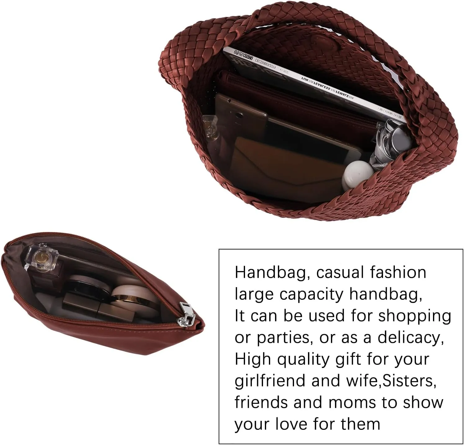 Hand Woven Tote for Women - Vegan Leather Handle Handbag, Travel Shoulder Bag, Hobo and Beach Bag With Purse