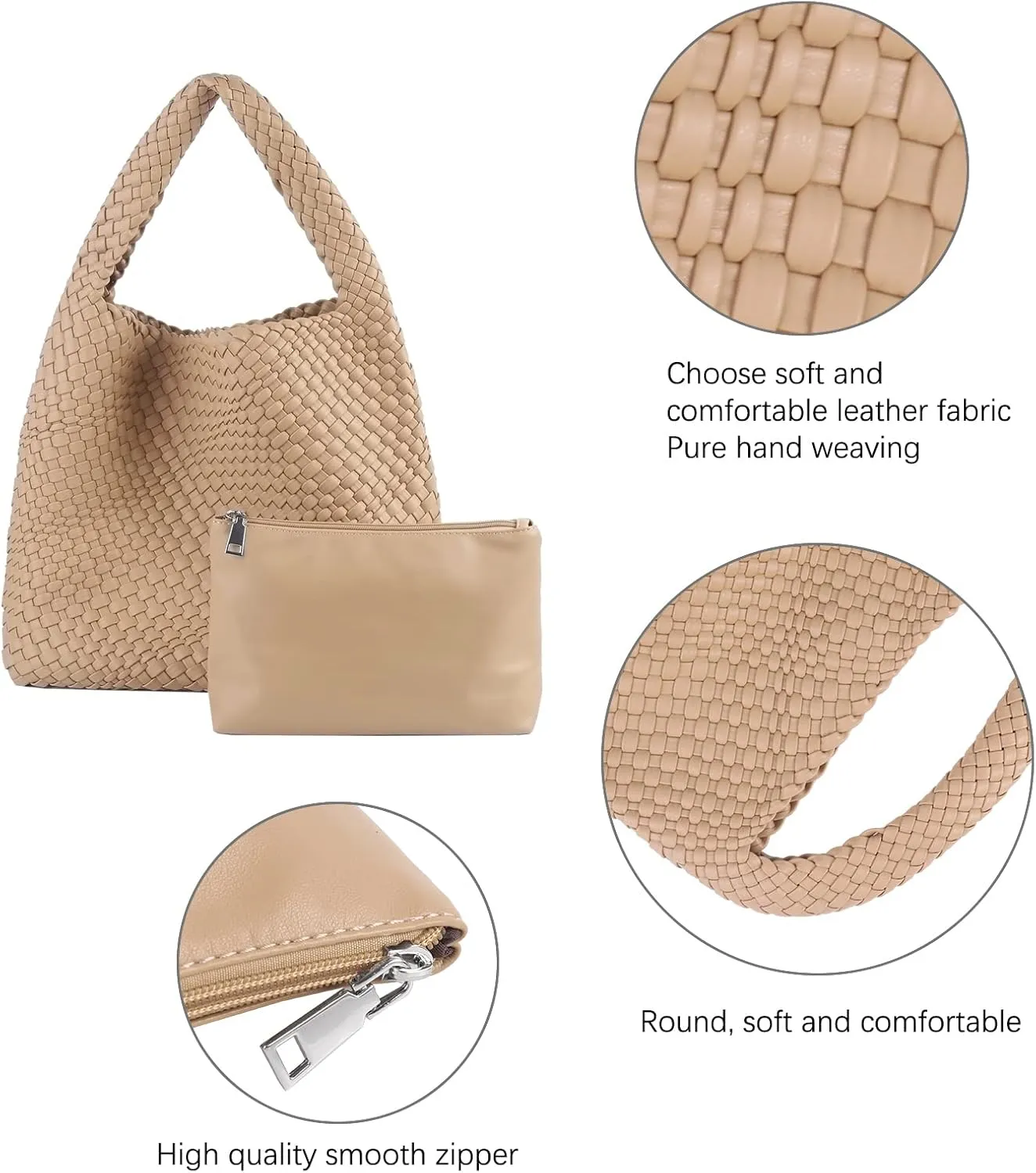 Hand Woven Tote for Women - Vegan Leather Handle Handbag, Travel Shoulder Bag, Hobo and Beach Bag With Purse