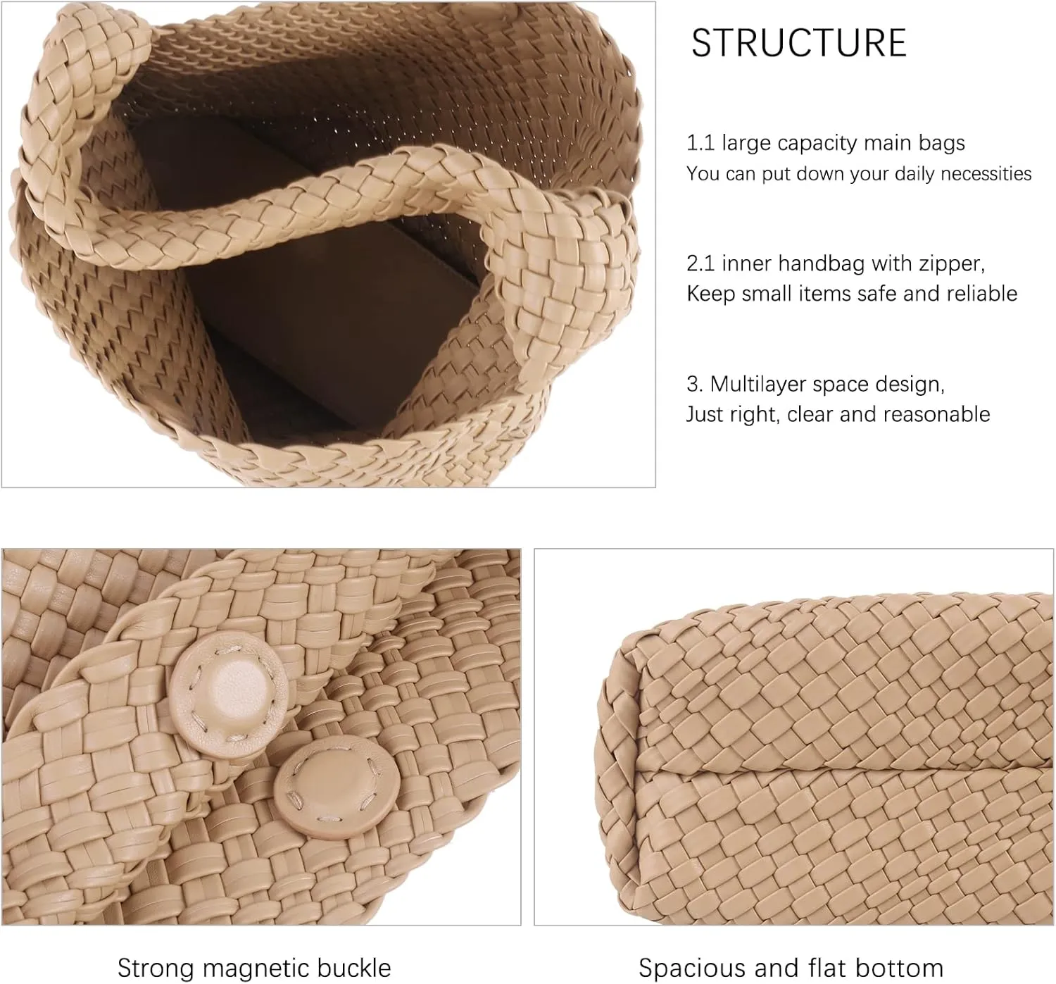 Hand Woven Tote for Women - Vegan Leather Handle Handbag, Travel Shoulder Bag, Hobo and Beach Bag With Purse