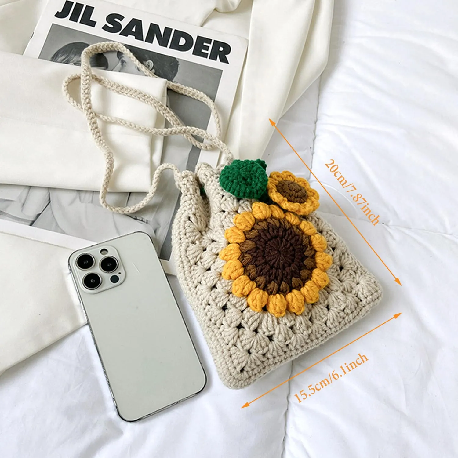 Handmade Crochet Bag,sunflower Crochet Bags Phone Bag Summer Beach Bag Small Tote Bags Shoulder Bag Woven Beach Bags Knitted for Women (Beige)