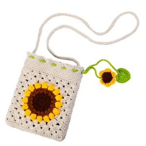 Handmade Crochet Bag,sunflower Crochet Bags Phone Bag Summer Beach Bag Small Tote Bags Shoulder Bag Woven Beach Bags Knitted for Women (Beige)