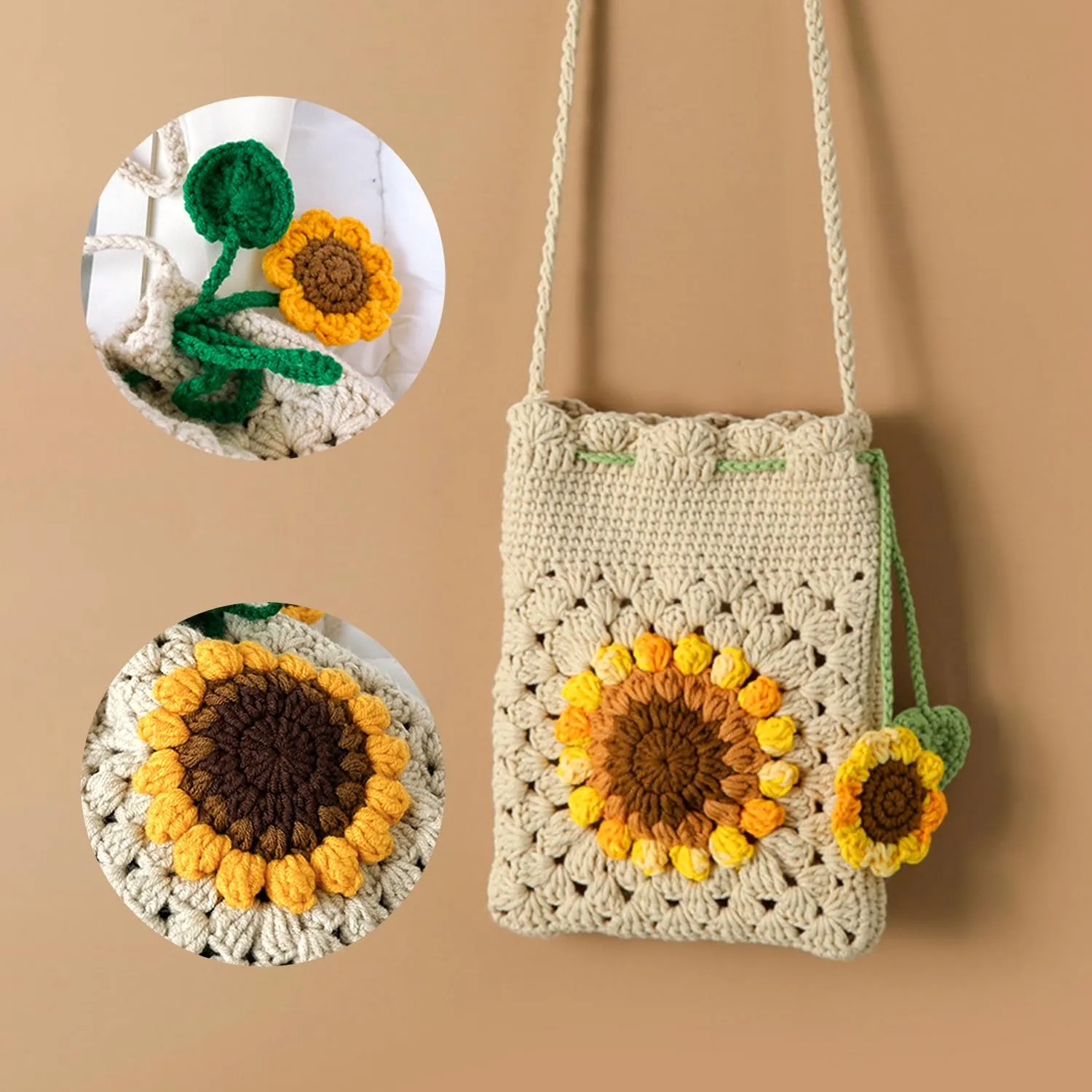 Handmade Crochet Bag,sunflower Crochet Bags Phone Bag Summer Beach Bag Small Tote Bags Shoulder Bag Woven Beach Bags Knitted for Women (Beige)