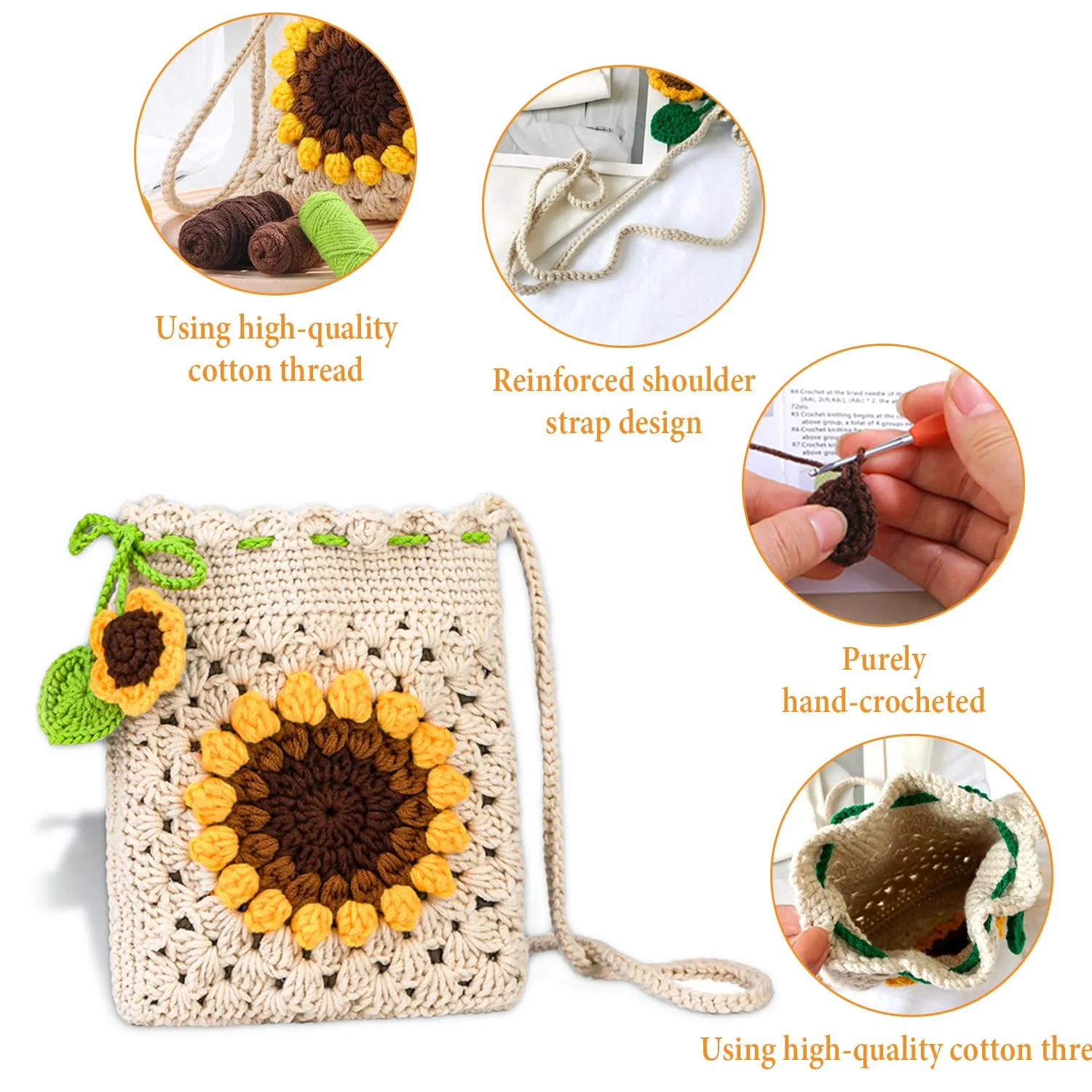 Handmade Crochet Bag,sunflower Crochet Bags Phone Bag Summer Beach Bag Small Tote Bags Shoulder Bag Woven Beach Bags Knitted for Women (Beige)