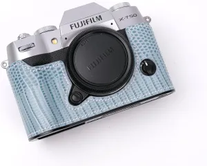 Handmade Genuine Leather Camera Half Case for Fujifilm X-T50 - Top Layer Cowhide Body   Metal Base Plate - Hand Shank Free Design (Blue1)